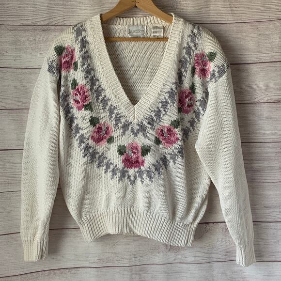 Vintage Jantzen Embroidered by Hand Sweater Floral V Neck Size Medium - Picture 1 of 14